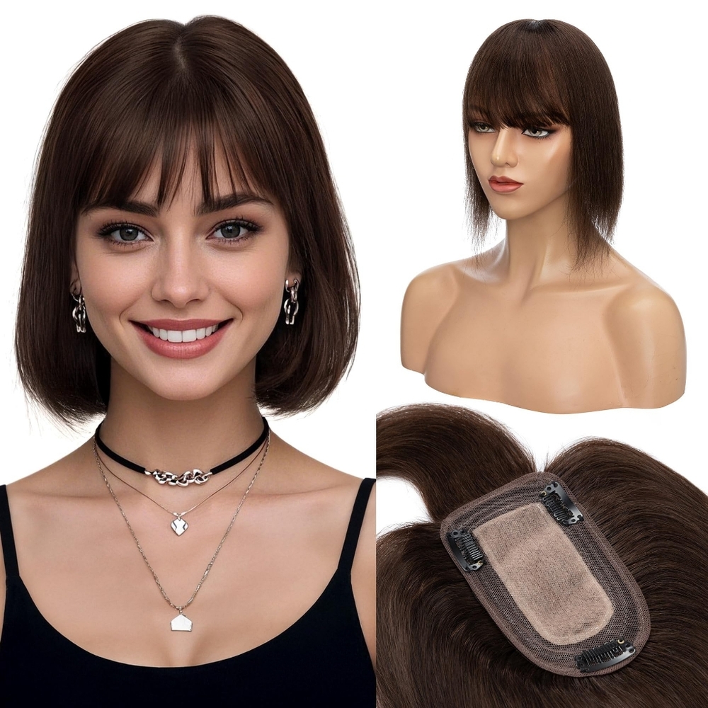 Human Hair Topper Clip-In • 5"x3" Silk Base • Bangs • Chocolate Brown • 6”